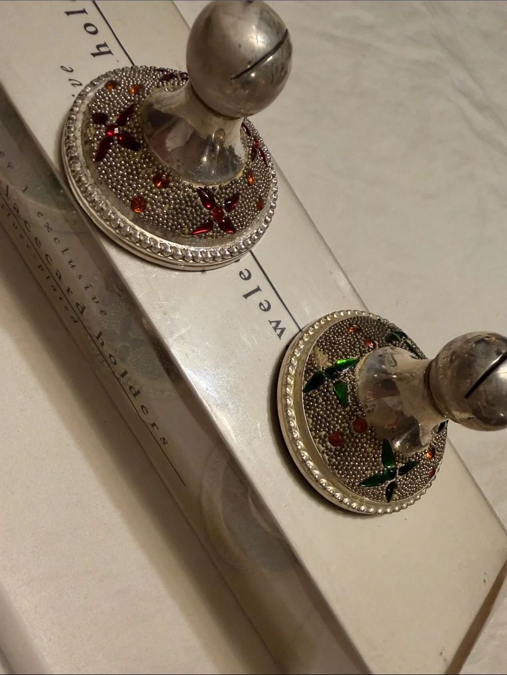 Pier 1 Silver Jeweled Napkin Rings with Red and Green Accents 8